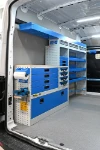 Scaffale per Transit con piano di lavoro, cassetti, valige, ripiani, morsa e accessori